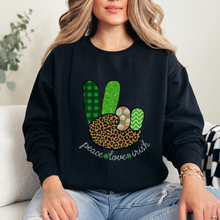 Load image into Gallery viewer, Women's Sweatshirt, St. Patrick's Day Sweatshirt, Irish Crewneck, Peace Love Irish, St Patrick's Day Shirt, Irish Peace Sign Pullover