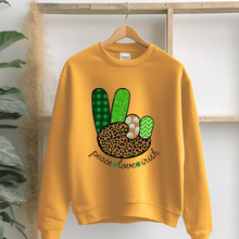 Load image into Gallery viewer, Women's Sweatshirt, St. Patrick's Day Sweatshirt, Irish Crewneck, Peace Love Irish, St Patrick's Day Shirt, Irish Peace Sign Pullover