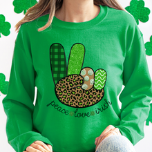 Load image into Gallery viewer, Women's Sweatshirt, St. Patrick's Day Sweatshirt, Irish Crewneck, Peace Love Irish, St Patrick's Day Shirt, Irish Peace Sign Pullover