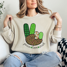 Load image into Gallery viewer, Women's Sweatshirt, St. Patrick's Day Sweatshirt, Irish Crewneck, Peace Love Irish, St Patrick's Day Shirt, Irish Peace Sign Pullover