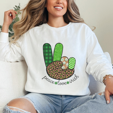 Load image into Gallery viewer, Women's Sweatshirt, St. Patrick's Day Sweatshirt, Irish Crewneck, Peace Love Irish, St Patrick's Day Shirt, Irish Peace Sign Pullover