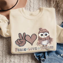 Load image into Gallery viewer, Women's Crewneck Sweatshirt, Snow Day Pullover, Comfy & Cozy, Winter Owl Sweatshirt, Ash, White, Sand or Navy Sweatshirt, Peace Love Snow Day
