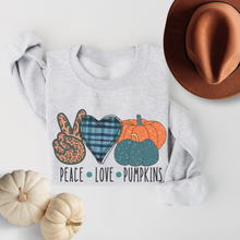 Load image into Gallery viewer, Peace Love Pumpkins Crewneck Sweatshirt Women's Fall Autumn Design Gildan Pullover