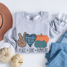 Load image into Gallery viewer, Peace Love Pumpkins Crewneck Sweatshirt Women's Fall Autumn Design Gildan Pullover