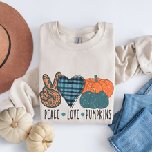 Load image into Gallery viewer, Peace Love Pumpkins Crewneck Sweatshirt Women's Fall Autumn Design Gildan Pullover