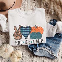 Load image into Gallery viewer, Peace Love Pumpkins Crewneck Sweatshirt Women's Fall Autumn Design Gildan Pullover