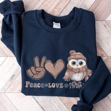 Load image into Gallery viewer, Women's Crewneck Sweatshirt, Snow Day Pullover, Comfy & Cozy, Winter Owl Sweatshirt, Ash, White, Sand or Navy Sweatshirt, Peace Love Snow Day