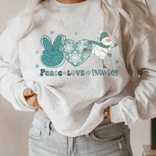 Load image into Gallery viewer, Women's Crewneck Sweatshirt, Snow Day Pullover, Comfy & Cozy, Snowman Gildan Sweatshirt, Ash, White or Sand Sweatshirt, Peace Love Snow Day