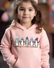 Load image into Gallery viewer, Kids or Youth Christmas Hooded Sweatshirt, Waddling In A Winter Wonderland Hoodie, Cozy, Warm Sweatshirt, Pastel Penguins on a cute hoodie