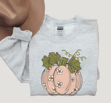 Load image into Gallery viewer, Women's Fall Hand Drawn Pumpkin Design Pink Pumpkin with Daisies Pullover Sweatshirt