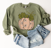 Load image into Gallery viewer, Women's Fall Hand Drawn Pumpkin Design Pink Pumpkin with Daisies Pullover Sweatshirt