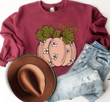 Load image into Gallery viewer, Women's Fall Hand Drawn Pumpkin Design Pink Pumpkin with Daisies Pullover Sweatshirt
