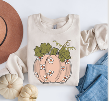 Load image into Gallery viewer, Women's Fall Hand Drawn Pumpkin Design Pink Pumpkin with Daisies Pullover Sweatshirt