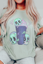 Load image into Gallery viewer, Halloween or Fall Comfort Colors® Funny Coffee Latte Skulls Design T-Shirt, Women's Purple and Green Design T-Shirt