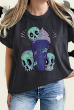 Load image into Gallery viewer, Halloween or Fall Comfort Colors® Funny Coffee Latte Skulls Design T-Shirt, Women's Purple and Green Design T-Shirt