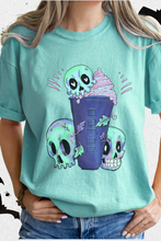 Load image into Gallery viewer, Halloween or Fall Comfort Colors® Funny Coffee Latte Skulls Design T-Shirt, Women's Purple and Green Design T-Shirt