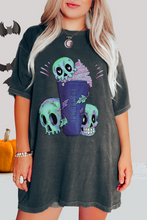 Load image into Gallery viewer, Halloween or Fall Comfort Colors® Funny Coffee Latte Skulls Design T-Shirt, Women's Purple and Green Design T-Shirt