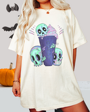 Load image into Gallery viewer, Halloween or Fall Comfort Colors® Funny Coffee Latte Skulls Design T-Shirt, Women's Purple and Green Design T-Shirt