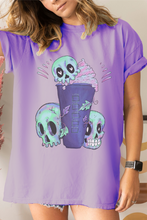 Load image into Gallery viewer, Halloween or Fall Comfort Colors® Funny Coffee Latte Skulls Design T-Shirt, Women's Purple and Green Design T-Shirt