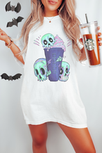 Load image into Gallery viewer, Halloween or Fall Comfort Colors® Funny Coffee Latte Skulls Design T-Shirt, Women's Purple and Green Design T-Shirt