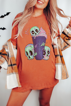 Load image into Gallery viewer, Halloween or Fall Comfort Colors® Funny Coffee Latte Skulls Design T-Shirt, Women's Purple and Green Design T-Shirt