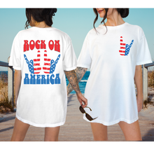 Load image into Gallery viewer, Rock On America Crewneck Sweatshirt or T-Shirt Women's Fourth of July Front and Back Design