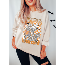 Load image into Gallery viewer, Nightmare Before Coffee Crewneck Sweatshirt Women's Fall Funny Halloween Design Gildan Pullover