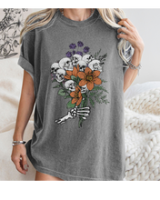 Load image into Gallery viewer, Halloween Skeletons Retro Flower Bouquet Comfort Colors® T-Shirt Women's Fall Halloween Colors T-Shirt