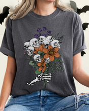 Load image into Gallery viewer, Halloween Skeletons Retro Flower Bouquet Comfort Colors® T-Shirt Women's Fall Halloween Colors T-Shirt