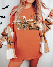 Load image into Gallery viewer, Pumpkin Spice Coffee Halloween Spooky Season Comfort Colors® Halloween T-Shirt, Women's Skeletons and Skulls T-Shirt