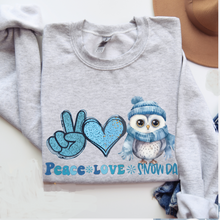 Load image into Gallery viewer, Women's Crewneck Sweatshirt, Snow Day Pullover, Comfy & Cozy, Winter Owl Sweatshirt, Ash, White, Sand or Navy Sweatshirt, Peace Love Snow Day