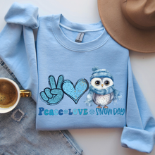 Load image into Gallery viewer, Women's Crewneck Sweatshirt, Snow Day Pullover, Comfy & Cozy, Winter Owl Sweatshirt, Ash, White, Sand or Navy Sweatshirt, Peace Love Snow Day