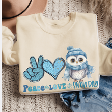 Load image into Gallery viewer, Women's Crewneck Sweatshirt, Snow Day Pullover, Comfy & Cozy, Winter Owl Sweatshirt, Ash, White, Sand or Navy Sweatshirt, Peace Love Snow Day