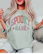 Load image into Gallery viewer, Spooky Babe Halloween or Fall Comfort Colors® Halloween T-Shirt, Women's Varsity Letters T-Shirt