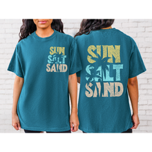 Load image into Gallery viewer, Sun, Salt, Sand Comfort Colors® T-Shirt, Front and Back Retro Design T-Shirt Dress, 1970's Summer Beach Tee