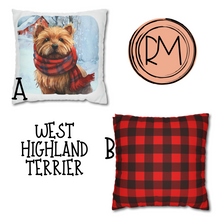 Load image into Gallery viewer, Christmas Pillow Cover, West Highland Terrier, Square Pillow Cover, Terrier in a Tartan Scarf, Holiday Pillow Cover, Holiday Decor Pillow Cover