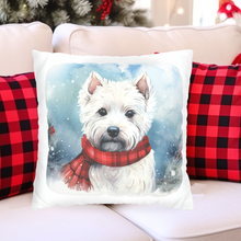 Load image into Gallery viewer, Christmas Pillow Cover, West Highland Terrier, Square Pillow Cover, Terrier in a Tartan Scarf, Holiday Pillow Cover, Holiday Decor Pillow Cover