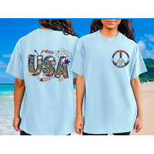 Load image into Gallery viewer, USA Red White Blue Peace Sign 4th of July Comfort Colors® T-Shirt, Front and Back Design T-Shirt Dress, 1970's Hippie Groovy Tee