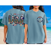 Load image into Gallery viewer, USA Red White Blue Peace Sign 4th of July Comfort Colors® T-Shirt, Front and Back Design T-Shirt Dress, 1970's Hippie Groovy Tee