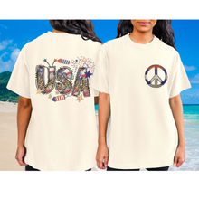 Load image into Gallery viewer, USA Red White Blue Peace Sign 4th of July Comfort Colors® T-Shirt, Front and Back Design T-Shirt Dress, 1970's Hippie Groovy Tee