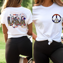 Load image into Gallery viewer, USA Red White Blue Peace Sign 4th of July Comfort Colors® T-Shirt, Front and Back Design T-Shirt Dress, 1970's Hippie Groovy Tee
