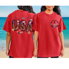 Load image into Gallery viewer, USA Red White Blue Peace Sign 4th of July Comfort Colors® T-Shirt, Front and Back Design T-Shirt Dress, 1970's Hippie Groovy Tee