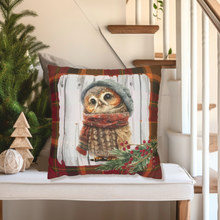 Load image into Gallery viewer, Christmas Pillow Cover, Winter Watercolor Owl Pillow Cover, Rustic Christmas, Holiday Porch Decor, Farmhouse Decor Pillow