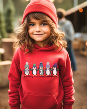Load image into Gallery viewer, Kids or Youth Christmas Hooded Sweatshirt, Waddling In A Winter Wonderland Hoodie, Cozy, Warm Sweatshirt, Pastel Penguins on a cute hoodie