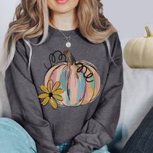 Load image into Gallery viewer, Watercolor Pumpkin Crewneck Sweatshirt Women's Fall Autumn Design Gildan Pullover