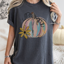 Load image into Gallery viewer, Watercolor Pumpkin Fall Comfort Colors® Hand Drawn Pastel Pumpkin T-Shirt, Women's Shirt
