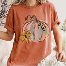 Load image into Gallery viewer, Watercolor Pumpkin Fall Comfort Colors® Hand Drawn Pastel Pumpkin T-Shirt, Women's Shirt