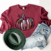 Load image into Gallery viewer, Watercolor Pumpkin Crewneck Sweatshirt Women's Hand Drawn Fall Autumn Design Gildan Pullover