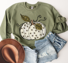 Load image into Gallery viewer, Women's Fall Hand Drawn Pumpkin Design White Pumpkin with Swirls Pullover Sweatshirt