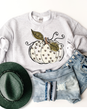 Load image into Gallery viewer, Women's Fall Hand Drawn Pumpkin Design White Pumpkin with Swirls Pullover Sweatshirt